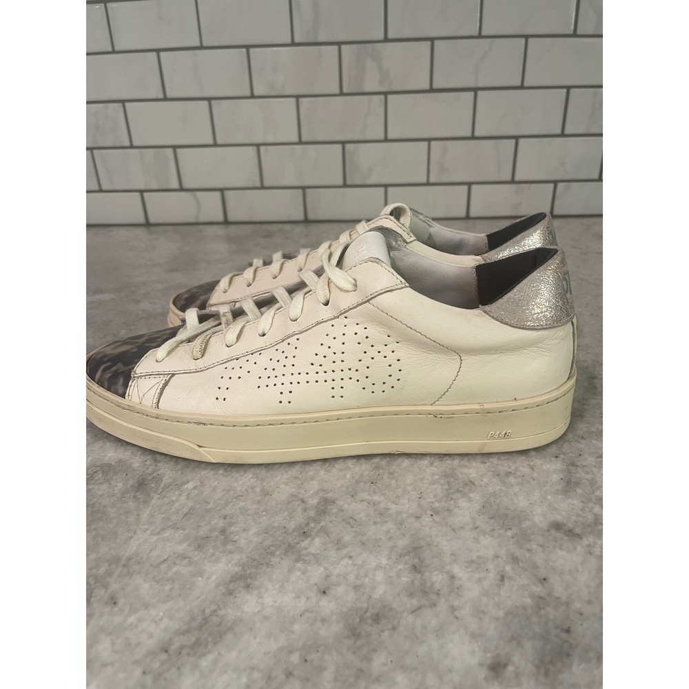 P448 Sneakers Womens 8.5 Off White John Leopard Print Toe Metallic Heel Low Top - Picture 5 of 11